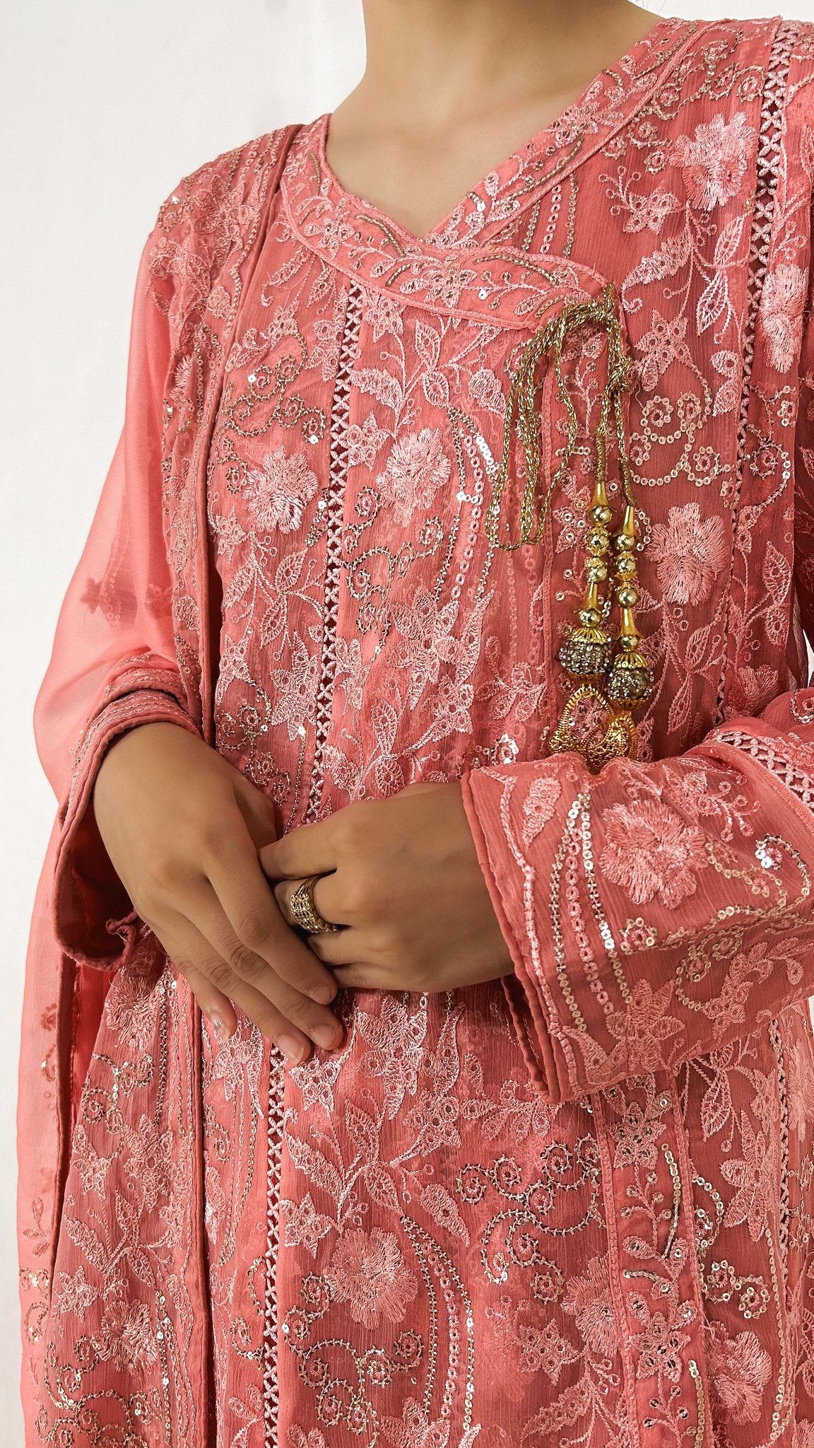 Pink Embroidered Anarkali Gown Dress Chiffon Long Frock Maxi Detailed Embroidery Look