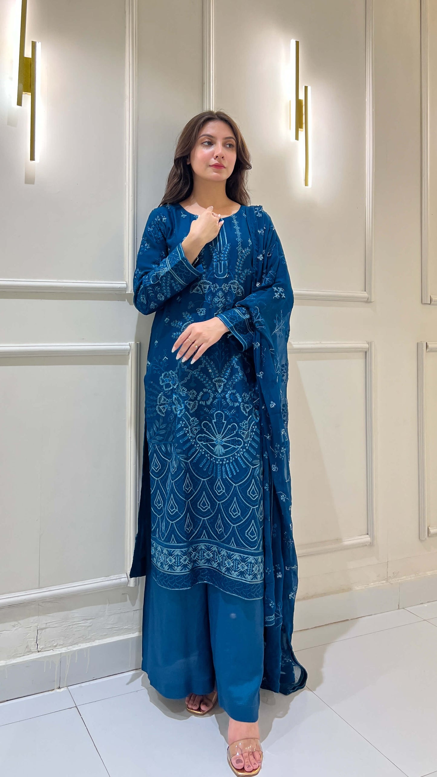 Full view of embroidered chiffon 3-piece peacock blue suit