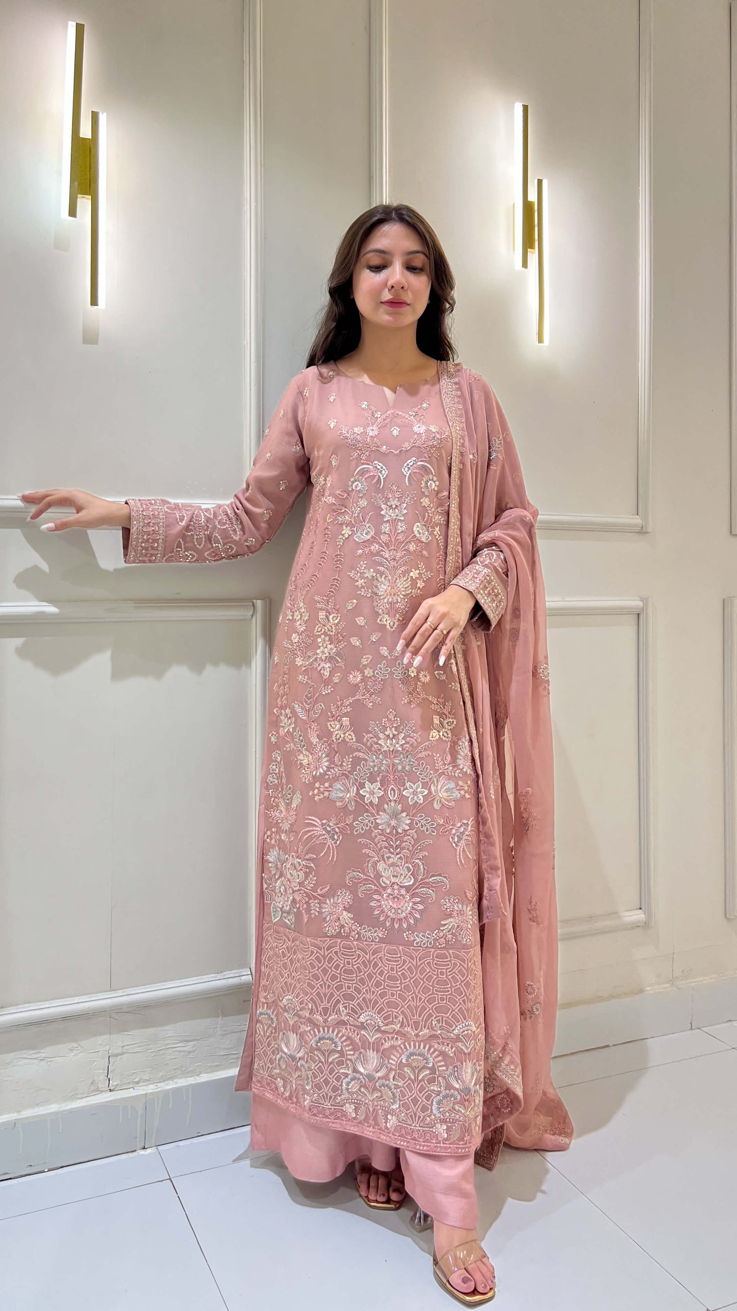Peach embroidered chiffon shalwar kameez with matching dupatta