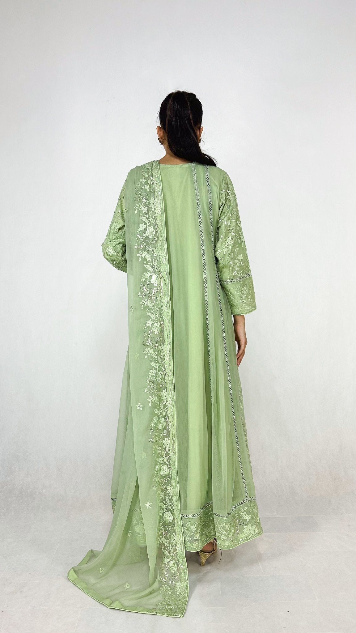 Light Olive Embroidered Angrakha Dress Chiffon Long Frock Maxi Back Look