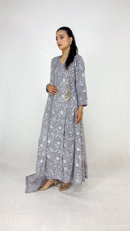 Gray Chiffon Angrakha Maxi Dress Embroidered Long Frock Side Look