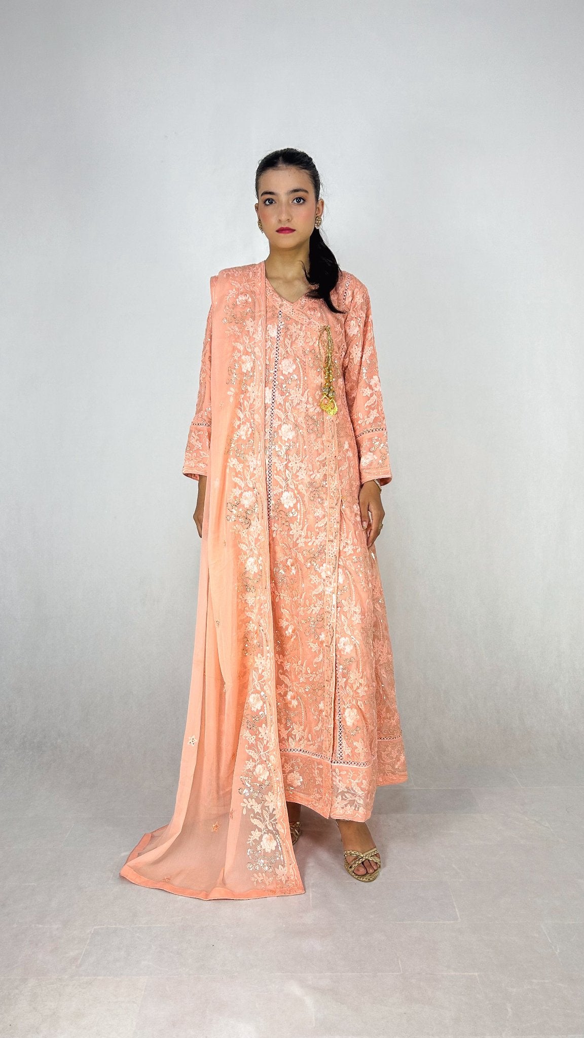 Melon Chiffon Angrakha Maxi Dress Embroidered Long Frock Complete Look