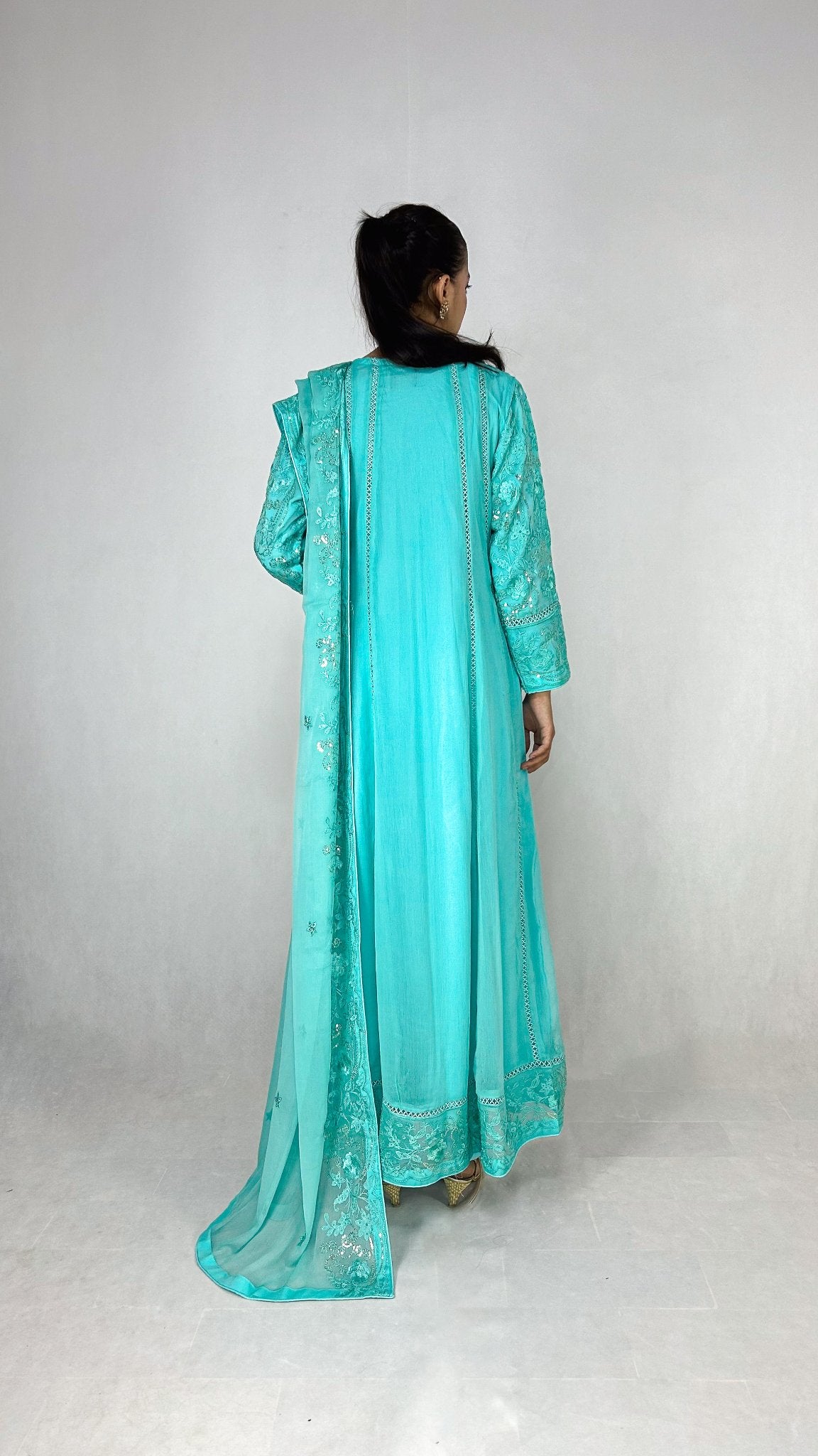 Light Blue Chiffon Angrakha Maxi Embroidered Long Frock Dress Back Look