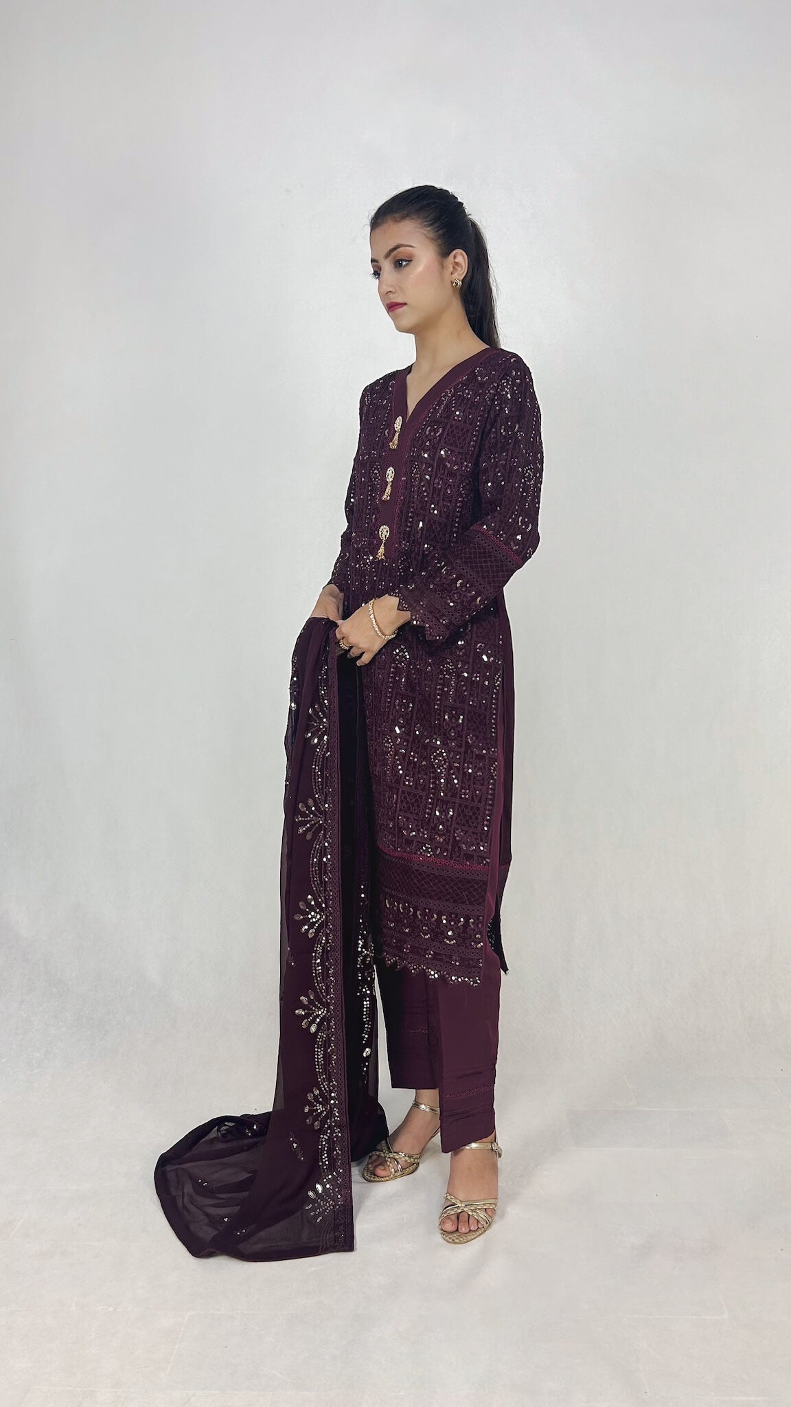 Dark Purple Chiffon Shalwar Kameez Embroidered Formal Dress Side Look