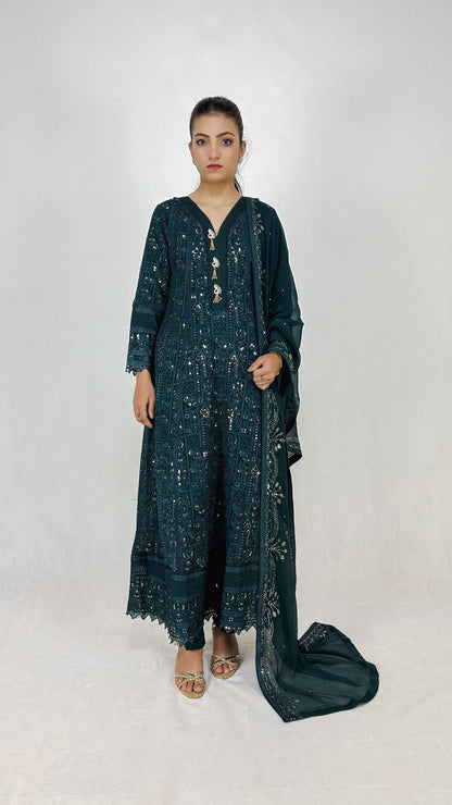 Dark Teal Chikankari Embroidered Chiffon Long Dress Anarkali Maxi Complete Look