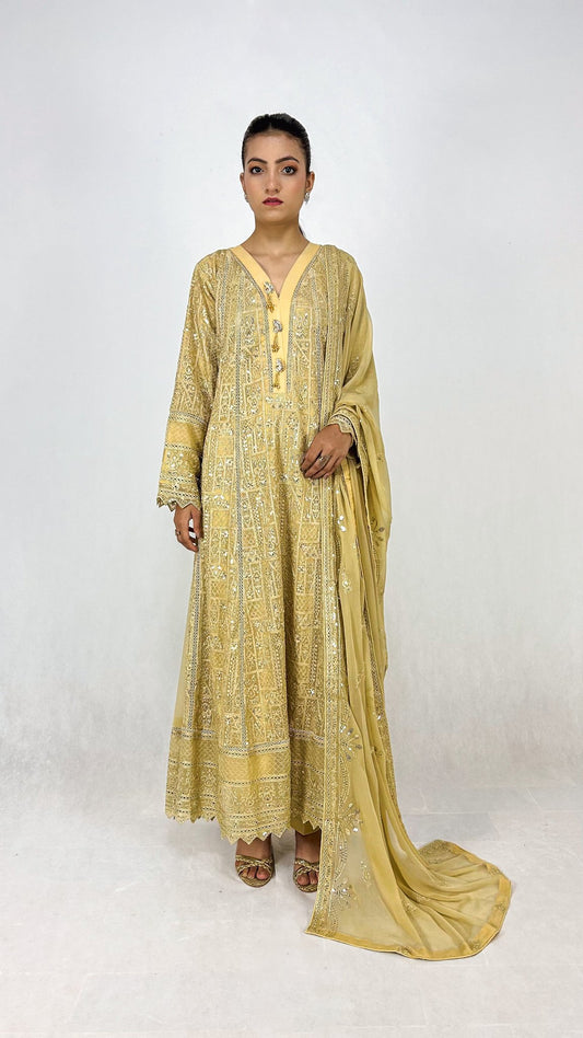 Beige Chikankari Embroidered Chiffon Long Frock Maxi Anarkali Dress Complete Look