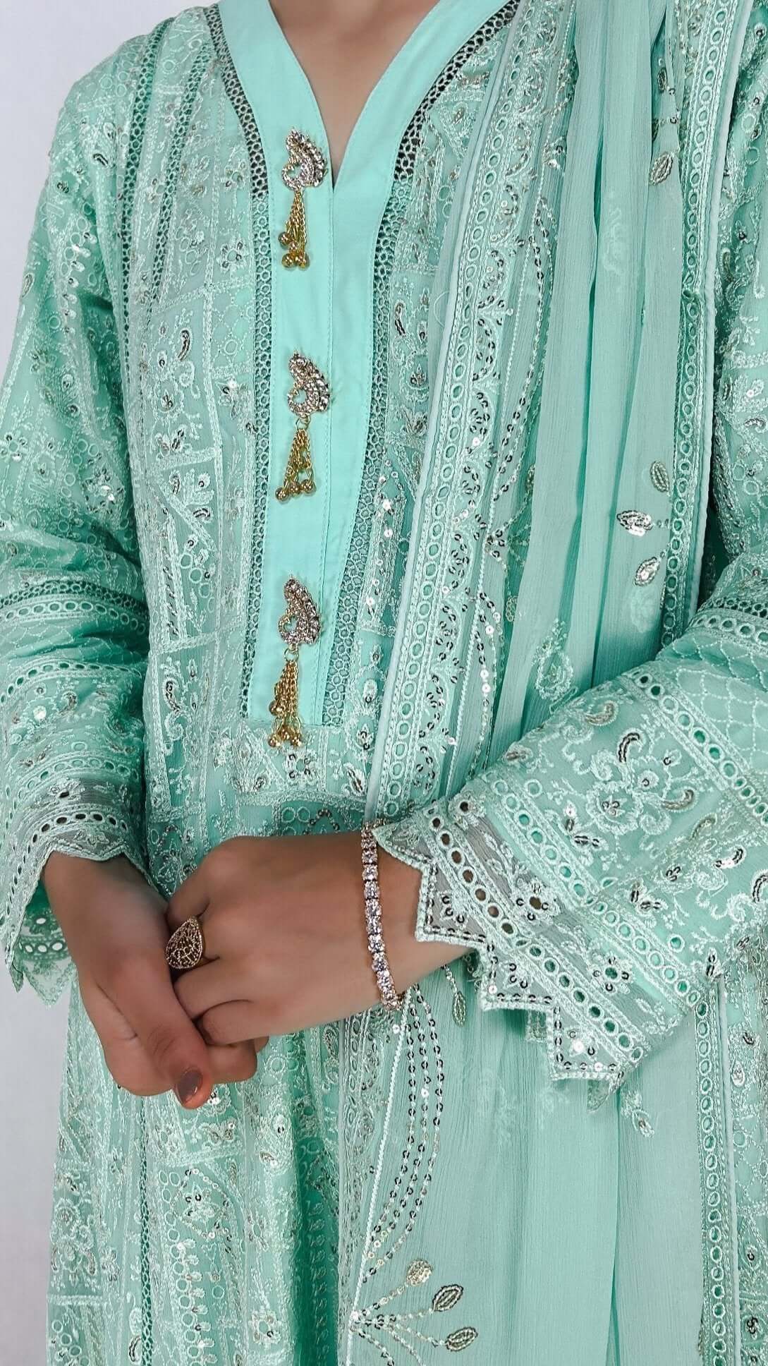 Mint Cream Chikankari Embroidered Chiffon Long Frock Maxi Anarkali Dress Detailed Embroidery Look