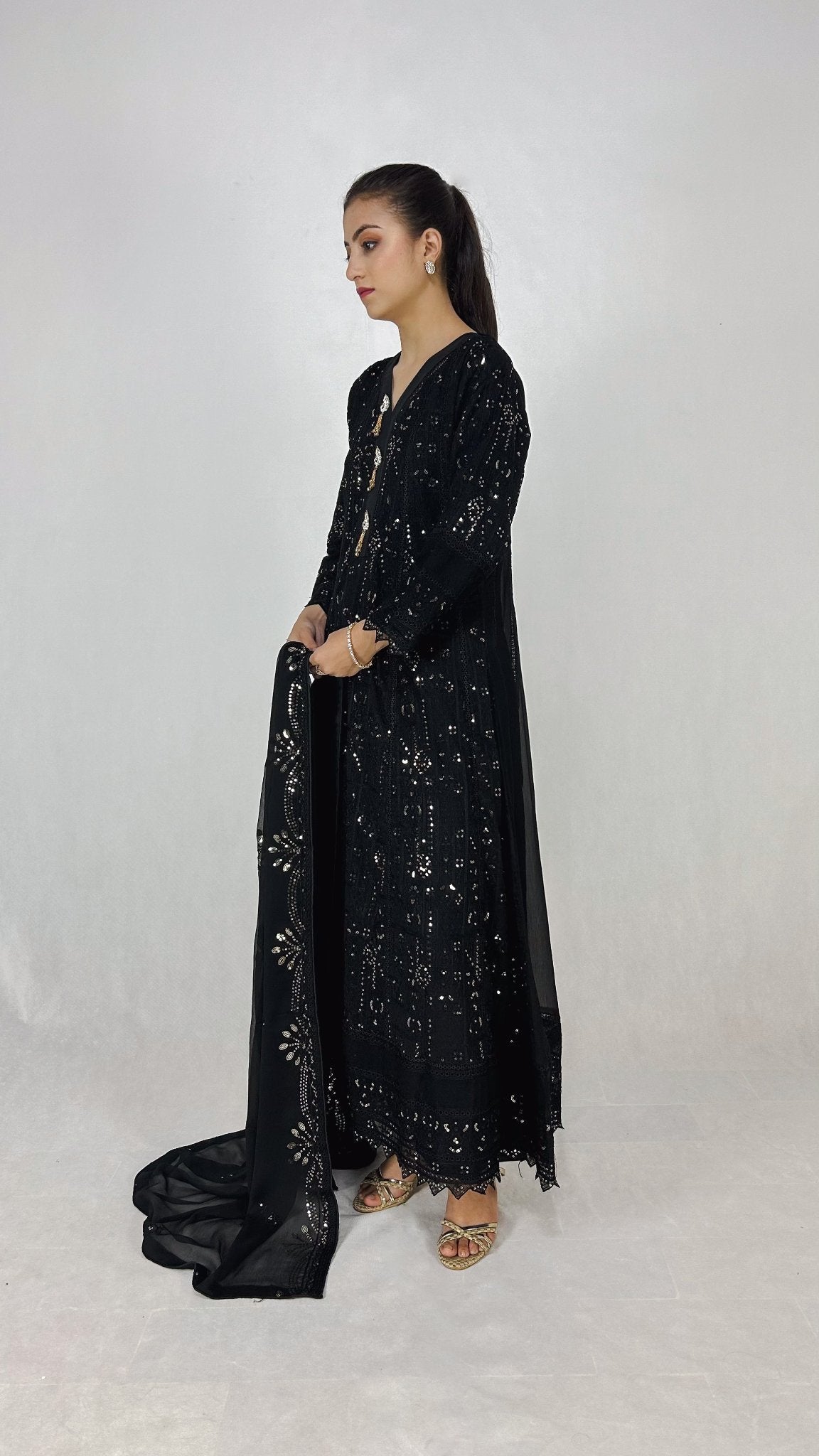 Black Chikankari Embroidered Chiffon Long Dress Anarkali Maxi Side Look