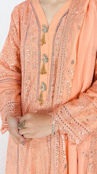 Peach Chikankari Embroidered Chiffon Long Dress Anarkali Maxi Complete Look