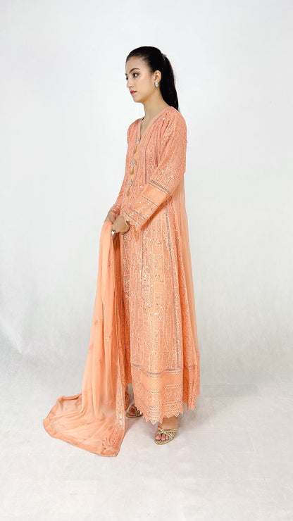 Peach Chikankari Embroidered Chiffon Long Dress Anarkali Maxi Side Look