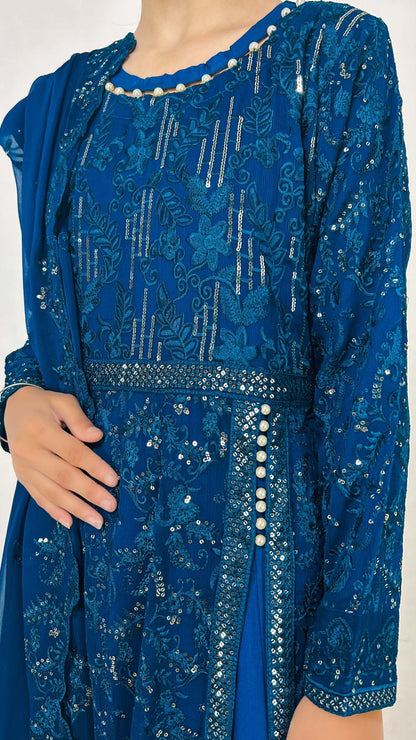 Peacock Blue Chiffon Pakistani Anarkali Gown Embroidered Long Frock Dress Detailed Embroidery Look