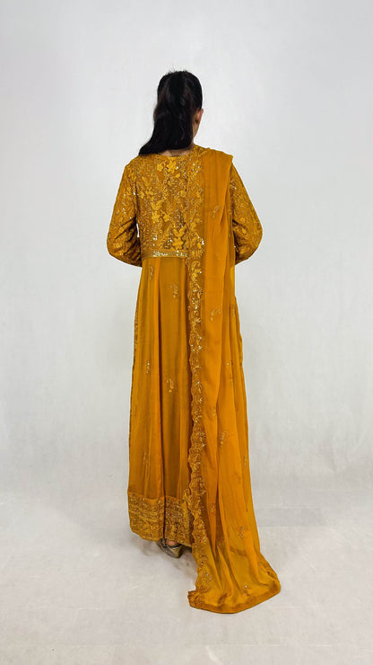 Mustard Yellow Pakistani Anarkali Gown Embroidered Chiffon Long Dress for Women Back Look