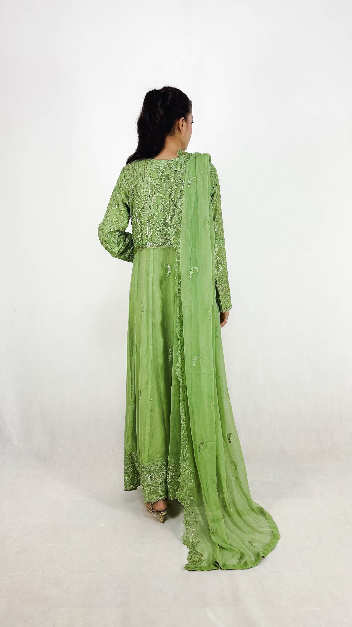 Olive Green Chiffon Indian Anarkali Gown Embroidered Long Frock Dress Back Look