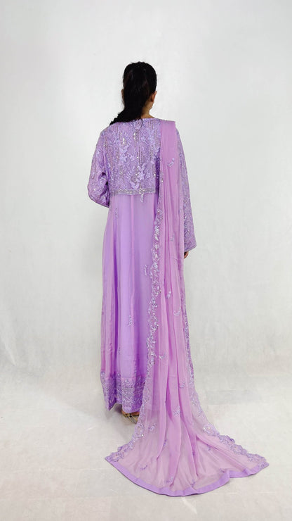 Lilac Indian Anarkali Long Frock Dress Embroidered Chiffon Gown for Women Back Look