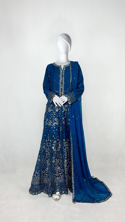 Peacock Blue Pakistani Party Wear Chiffon Long Anarkali Gown Dress Complete Look