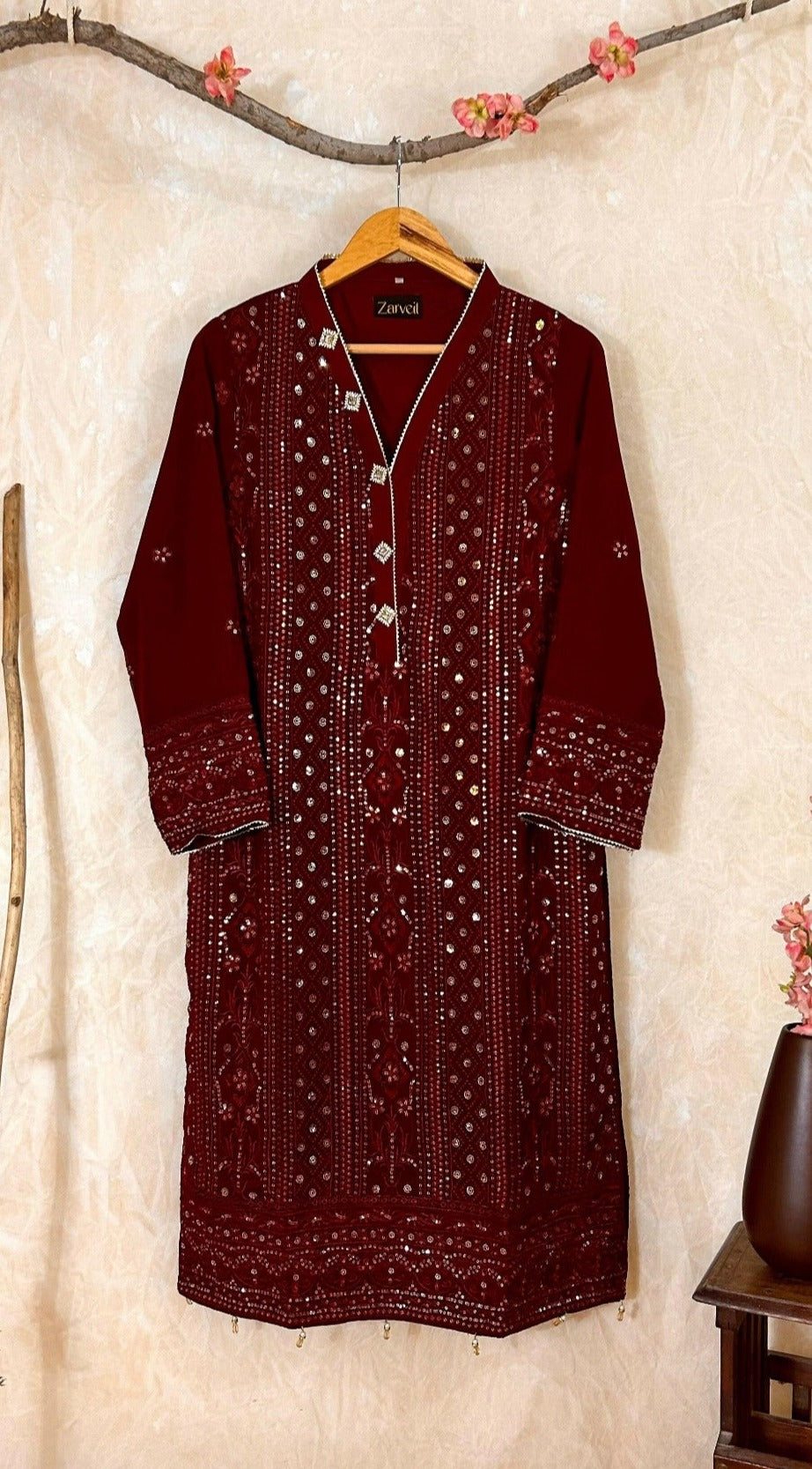 Maroon Embroidered Chiffon Pakistani Designer Suit Complete Look | Zarveil