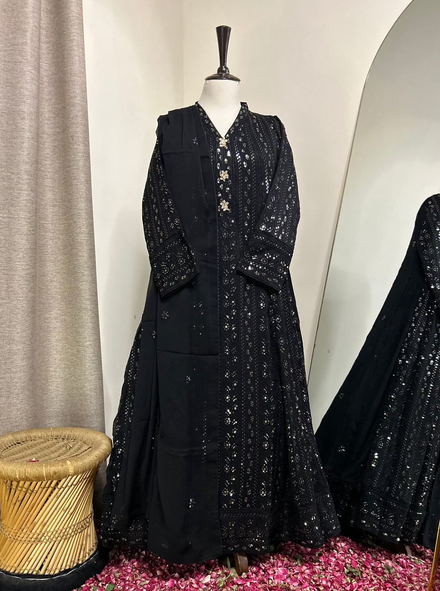 Tehzeeb | Black Chiffon Embroidered Front Open Gown Maxi | Zarveil