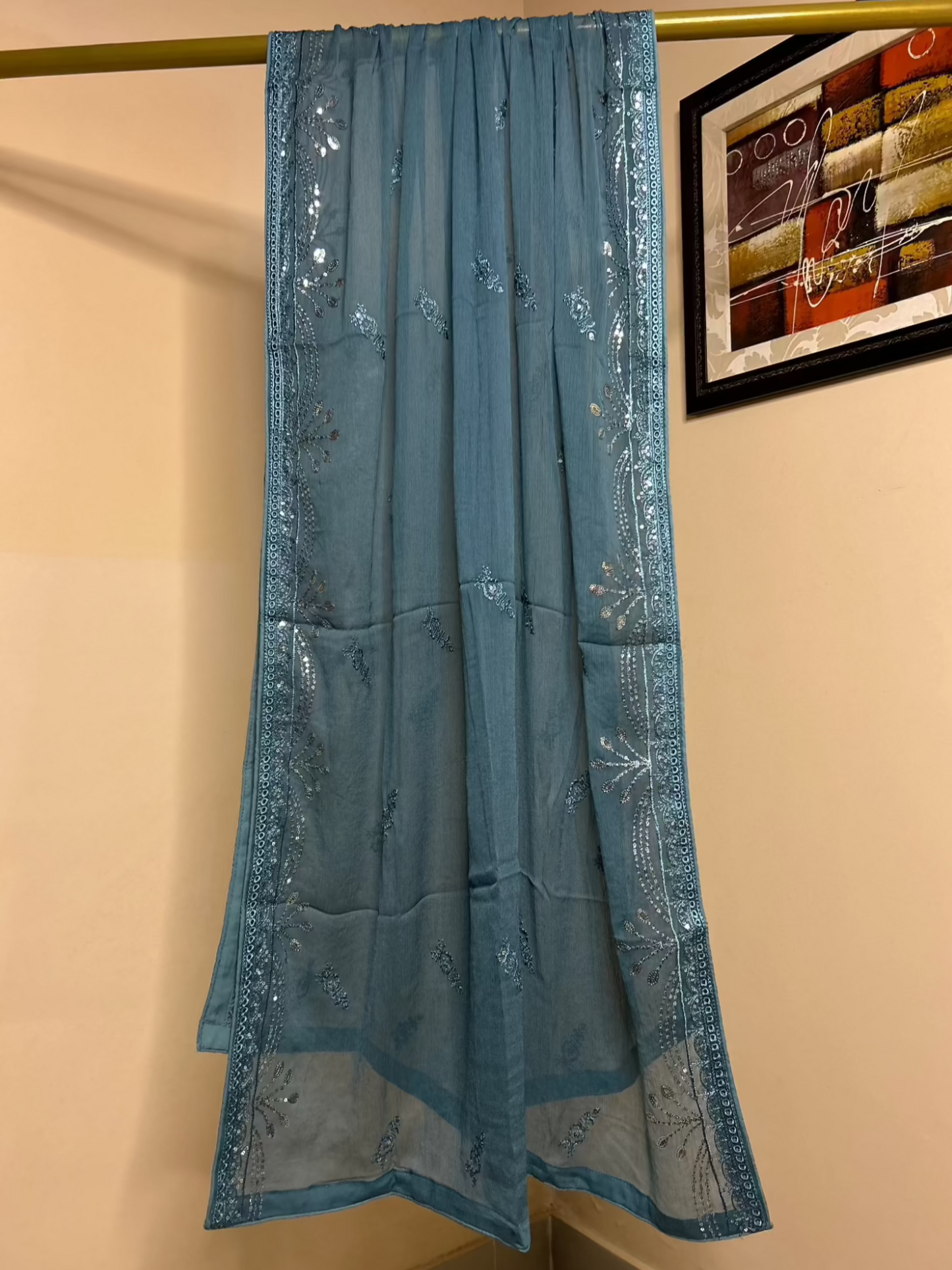 Teal Chikankari Embroidered Chiffon Long Frock Maxi - Anarkali Style