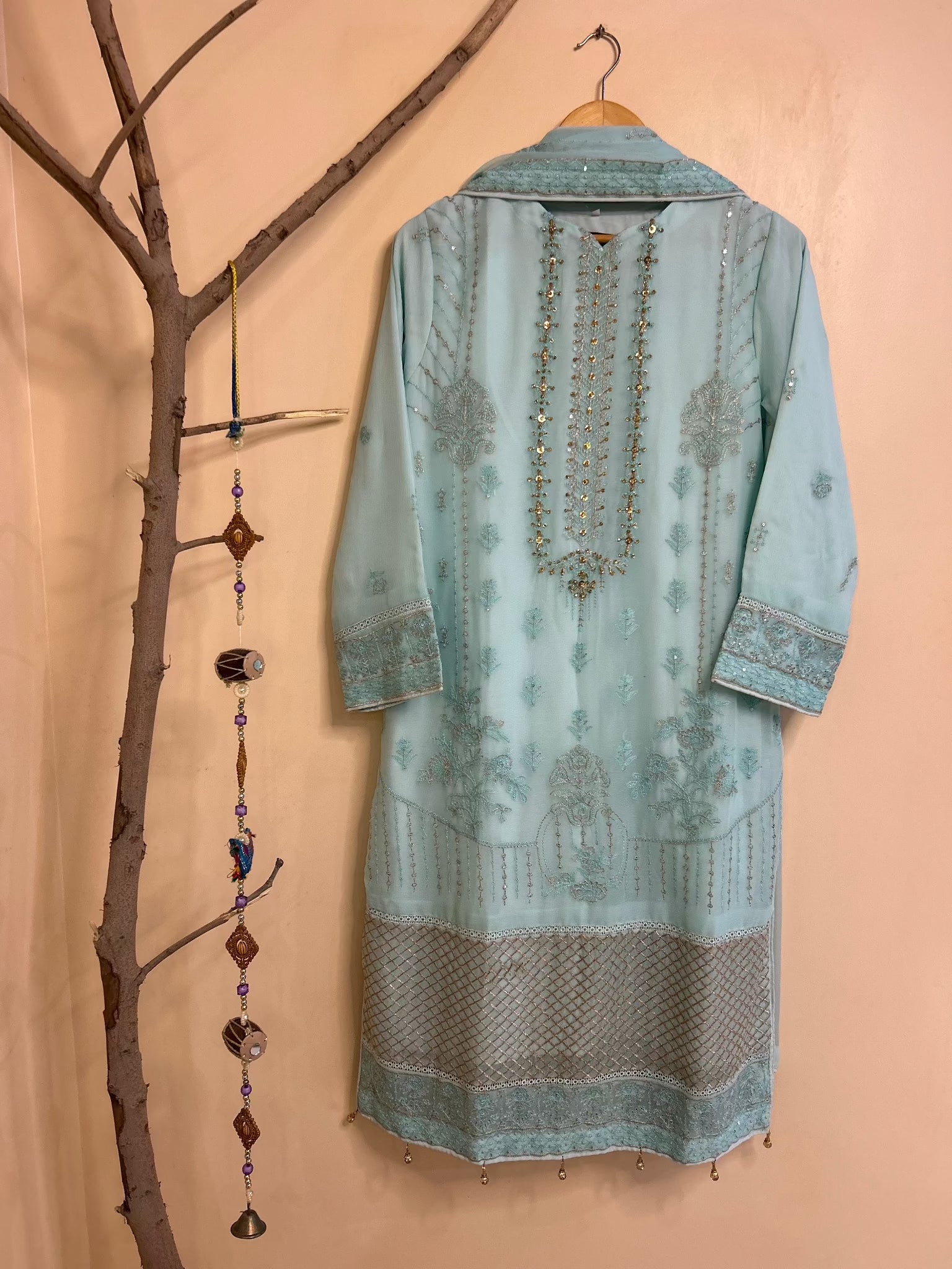 Light Blue Pakistani Designer Salwar Suit Complete Look | Zarveil