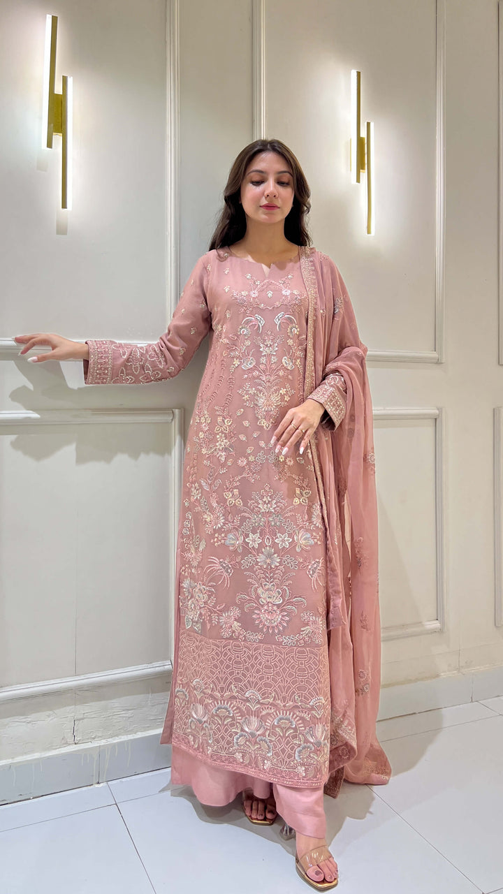 Tea pink embroidered chiffon shalwar kameez with matching dupatta