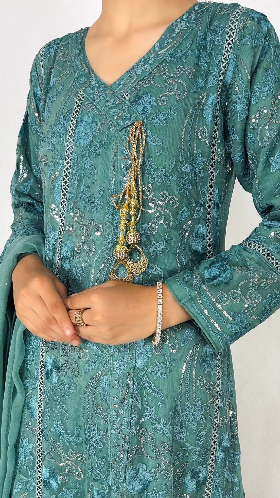 Teal Chiffon Angrakha Maxi Dress Embroidered Long Frock Detailed Embroidery Look