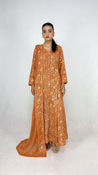 Peach Embroidered Chiffon Angrakha Dress Long Frock Maxi Complete Look