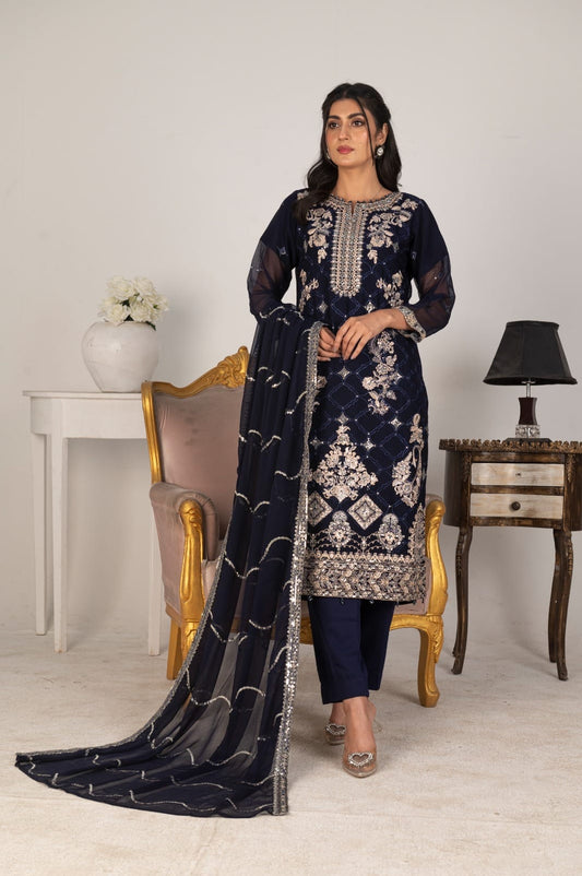Navy blue chiffon suit with white embroidery – full front view