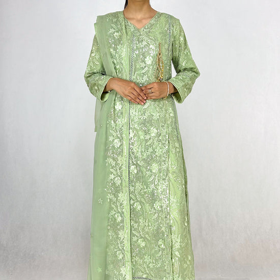 Light Olive Embroidered Angrakha Dress Chiffon Long Frock Maxi Complete Look Video