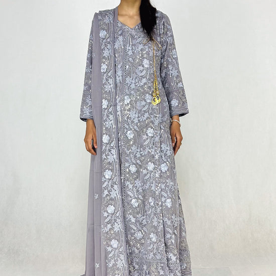 Gray Chiffon Angrakha Maxi Dress Embroidered Long Frock Complete Look Video