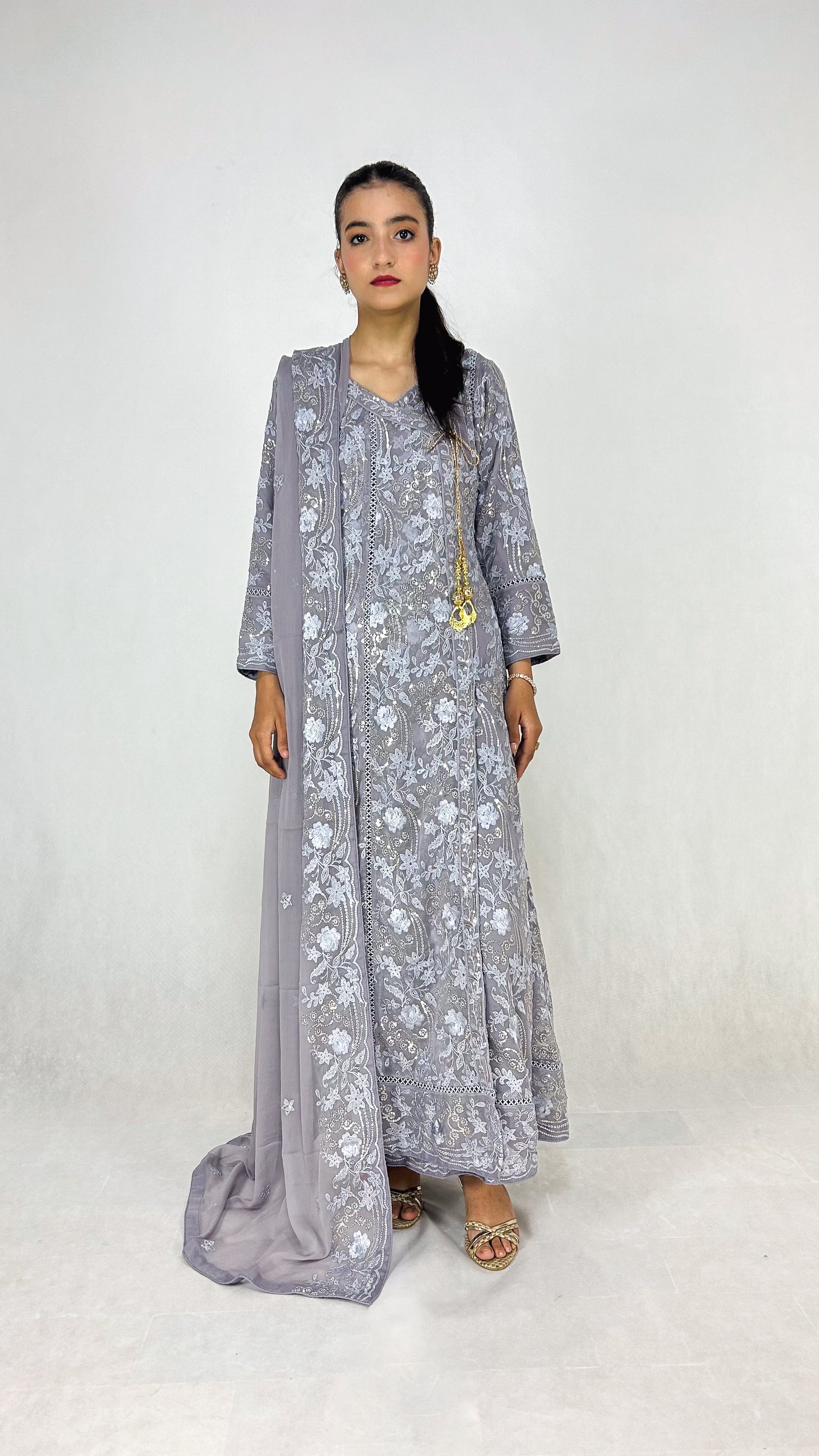 Gray Chiffon Angrakha Maxi Dress Embroidered Long Frock Complete Look Video