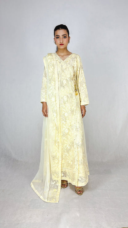 Ivory Embroidered Chiffon Angrakha Dress Long Frock Maxi Complete Look Video