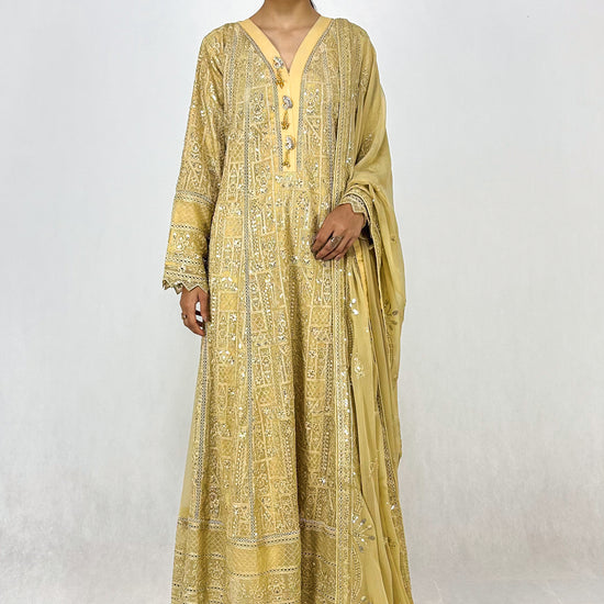 Beige Chikankari Embroidered Chiffon Long Frock Maxi Anarkali Dress Complete Look Video