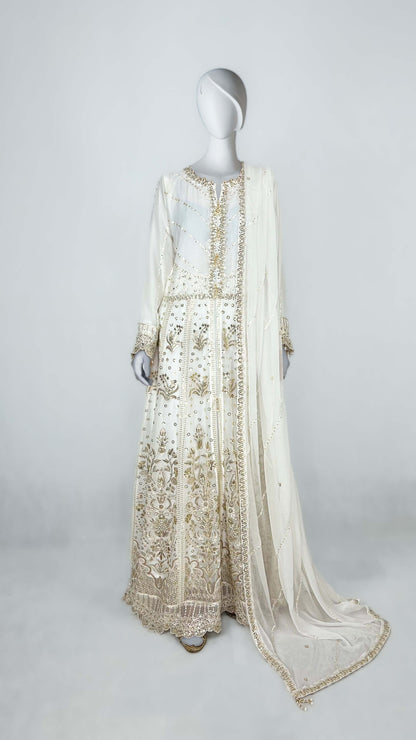 White Pakistani Formal Wear Long Gown Dress Anarkali Chiffon Maxi Complete Look Video