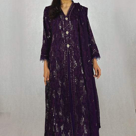 Dark Purple Pakistani Chiffon Anarkali Frock Embroidered Long Gown for Women Compete Look Video