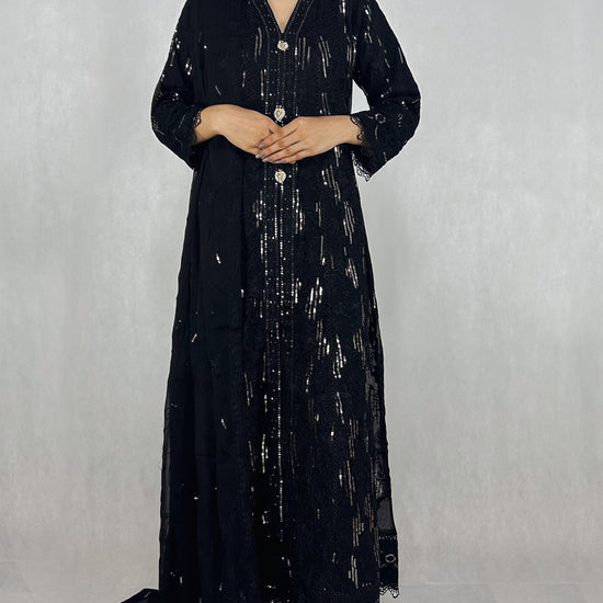  Black Embroidered Chiffon Anarkali Gown Long Frock Complete look Video