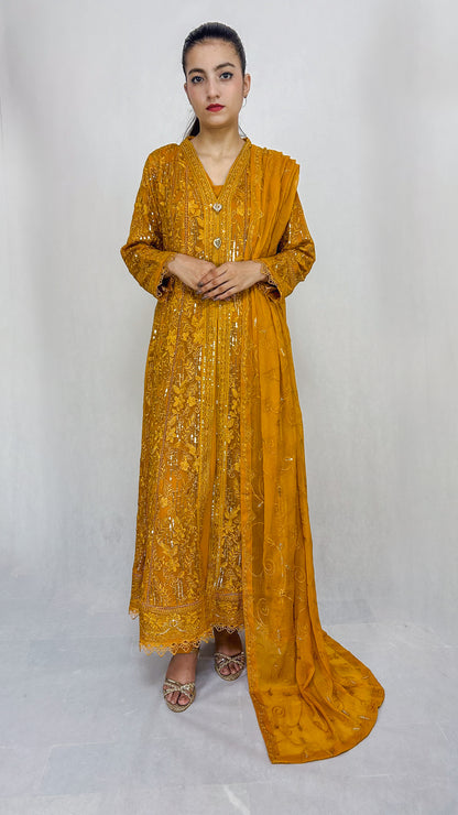 Mustard Yellow Pakistani Embroidered Chiffon Long Frock Dress Anarkali Suit for Women Complete Look Video