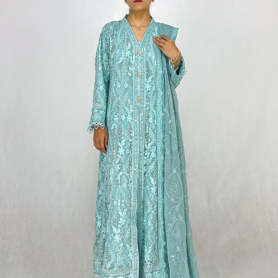 Ice Blue Indian Embroidered Chiffon Anarkali Maxi Frock Complete Look