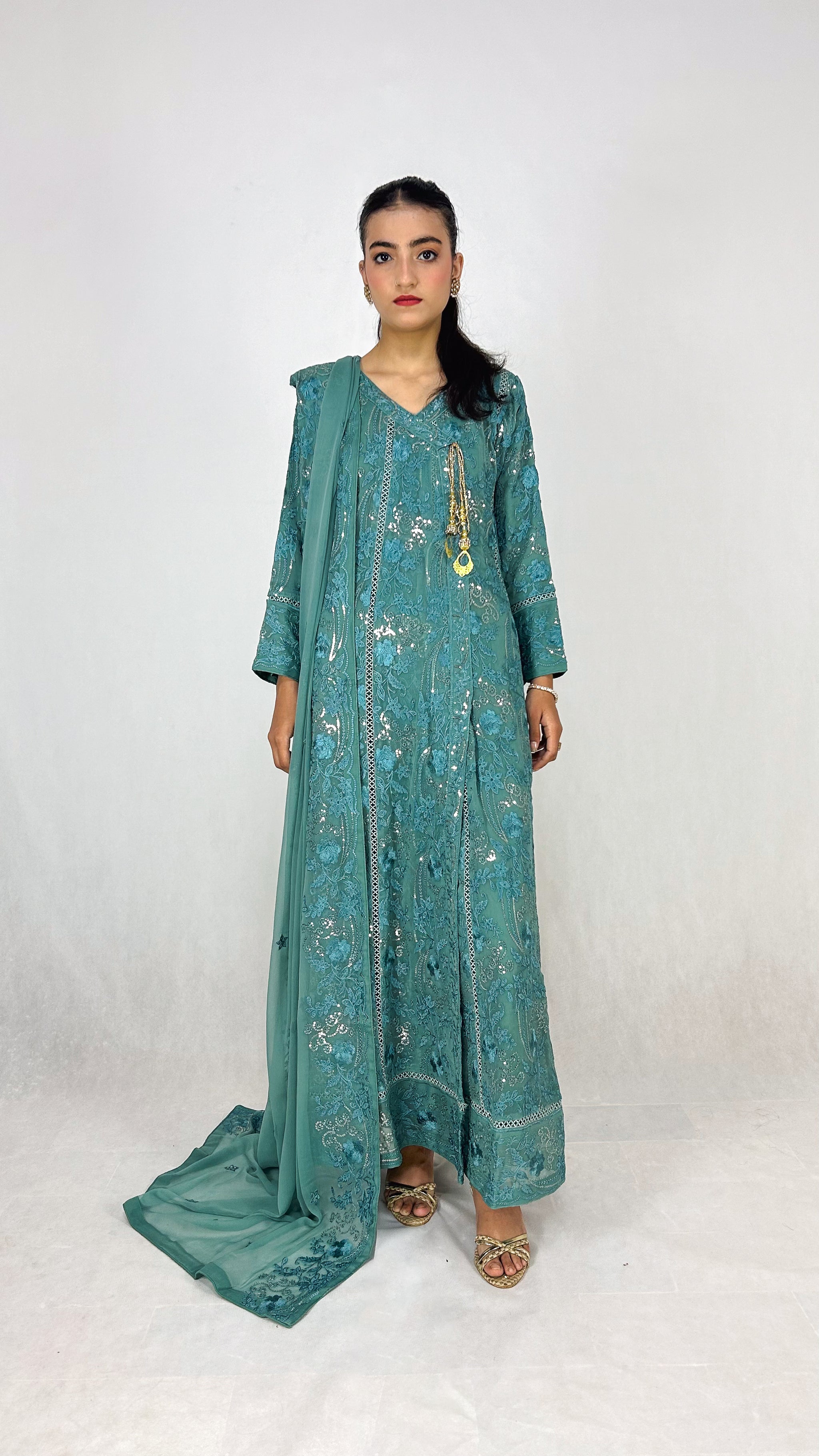 Teal Chiffon Angrakha Maxi Dress Embroidered Long Frock Complete Look Video